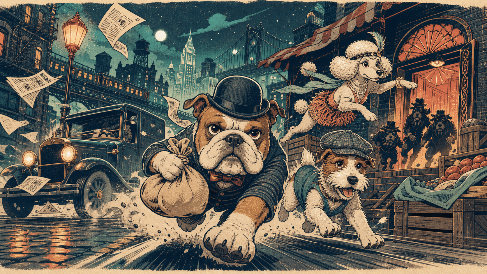 Three dogs racing through a lively 1920s city street with rivals in pursuit